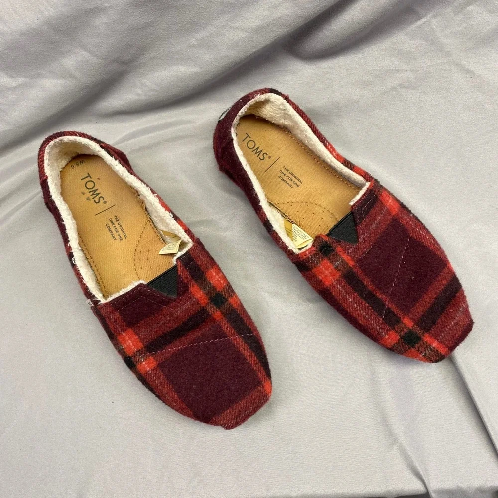 TOMS Womens Alpargata Red Plaid‎ Wool Faux Shearling Lined Slip On Shoes 8.5